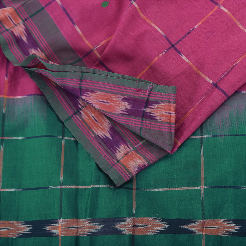 Sanskriti Vintage Sarees Pink Ikat Hand Woven Pure Cotton Sari 5+yd Fabric