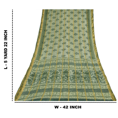 Sanskriti Vintage Sarees Olive Green Woven Printed Pure Cotton Sari 5+yd Fabric