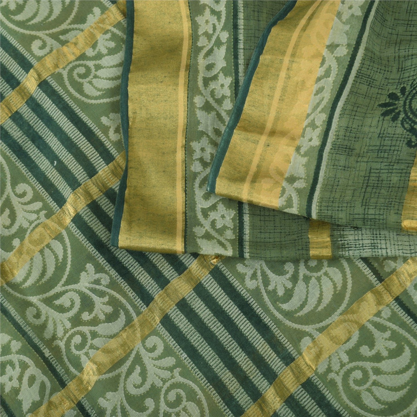 Sanskriti Vintage Sarees Olive Green Woven Printed Pure Cotton Sari 5+yd Fabric