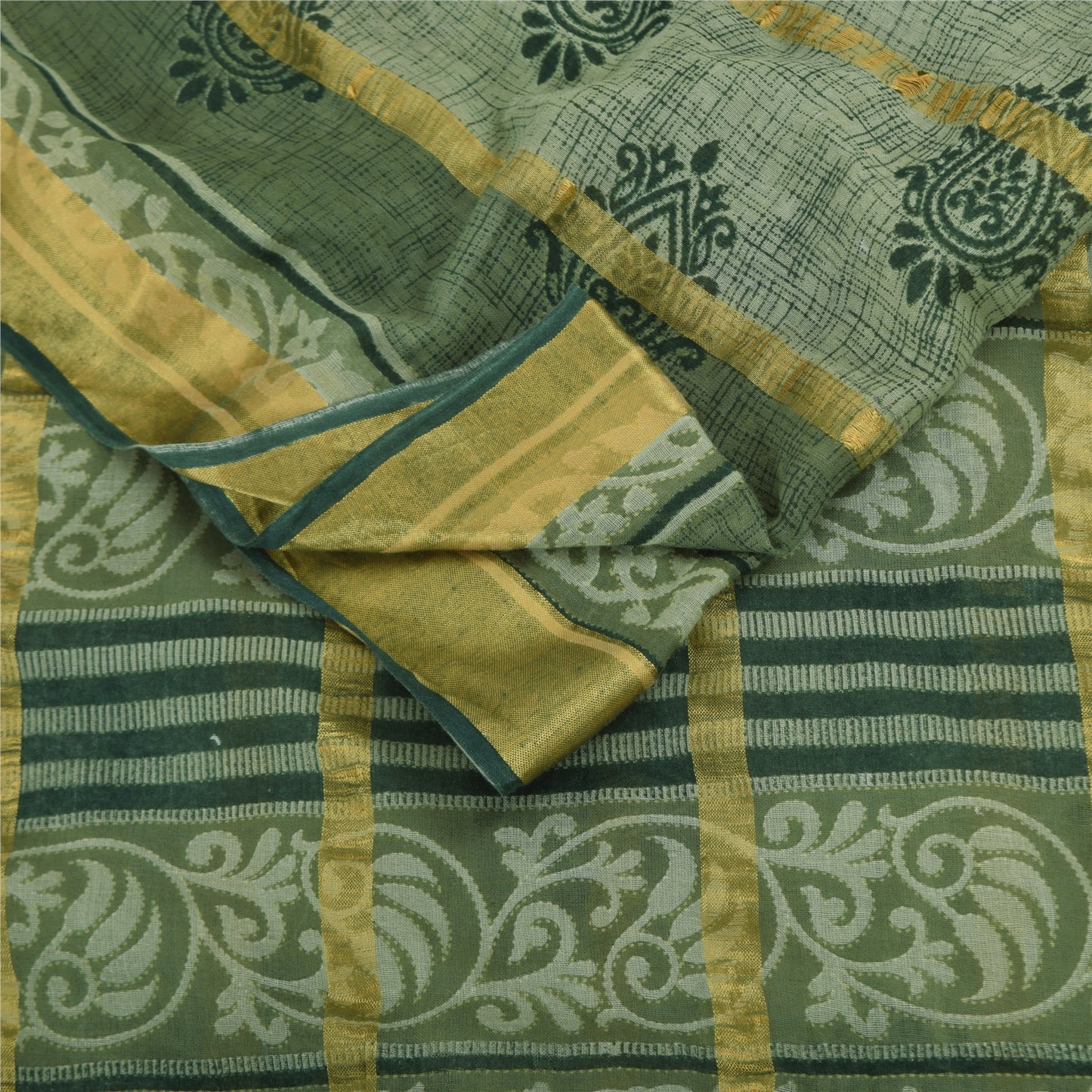 Sanskriti Vintage Sarees Olive Green Woven Printed Pure Cotton Sari 5+yd Fabric