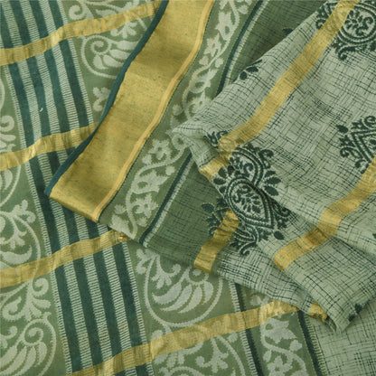 Sanskriti Vintage Sarees Olive Green Woven Printed Pure Cotton Sari 5+yd Fabric