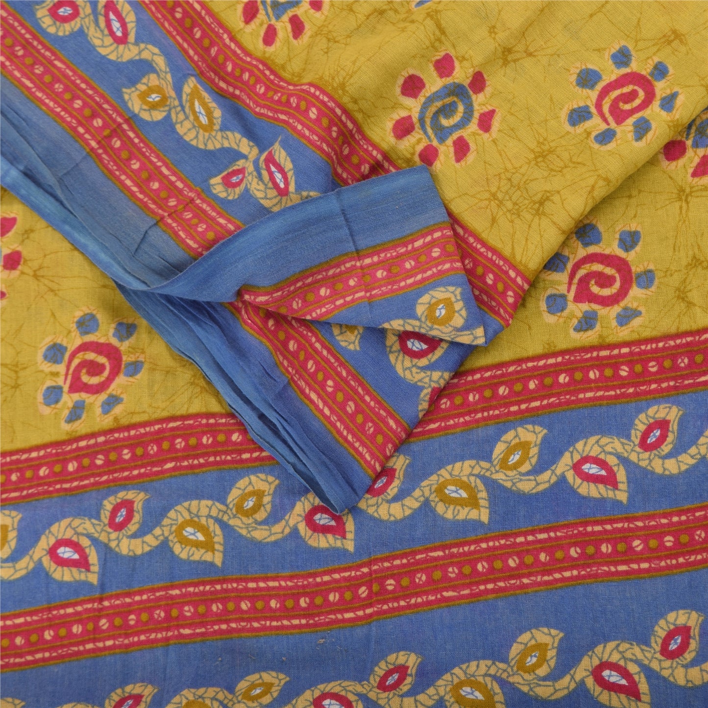 Sanskriti Vintage Sarees Yellow 100% Pure Cotton Printed Sari 5+yd Craft Fabric