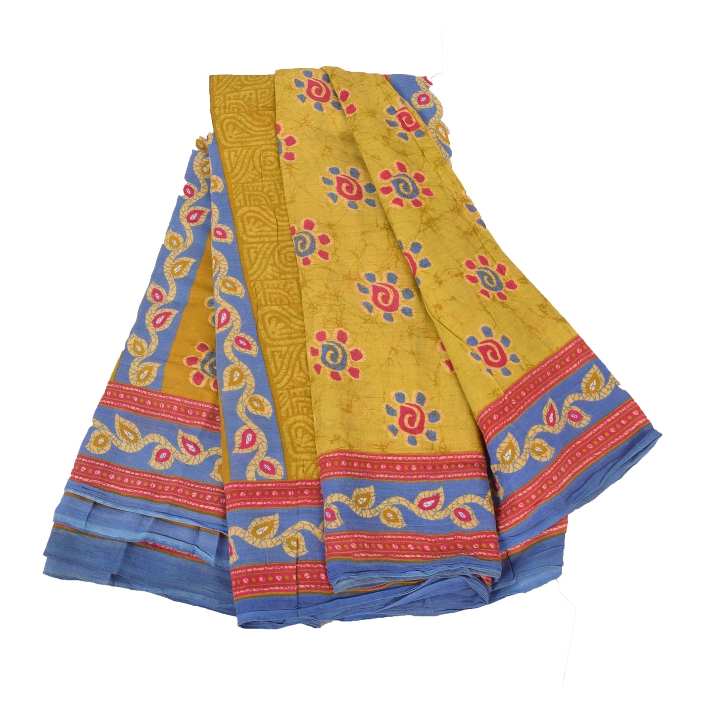 Sanskriti Vintage Sarees Yellow 100% Pure Cotton Printed Sari 5+yd Craft Fabric