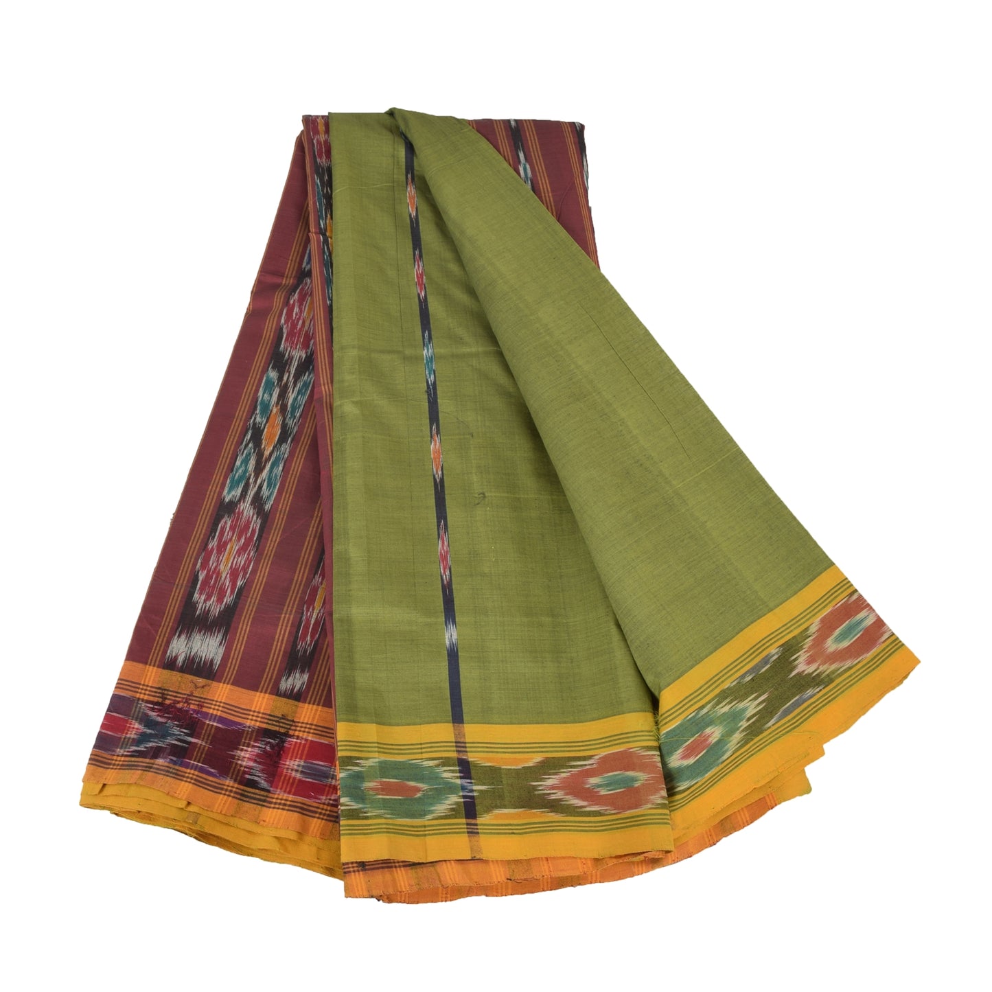 Sanskriti Vintage Sarees Green Pure Cotton Ikat Hand Woven Sari 5+yd Fabric