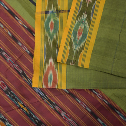 Sanskriti Vintage Sarees Green Pure Cotton Ikat Hand Woven Sari 5+yd Fabric