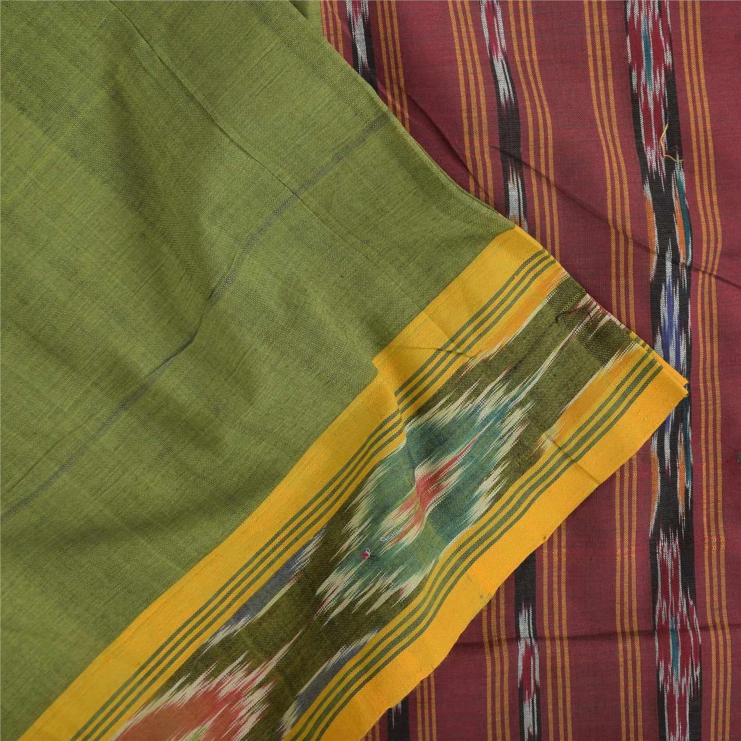 Sanskriti Vintage Sarees Green Pure Cotton Ikat Hand Woven Sari 5+yd Fabric