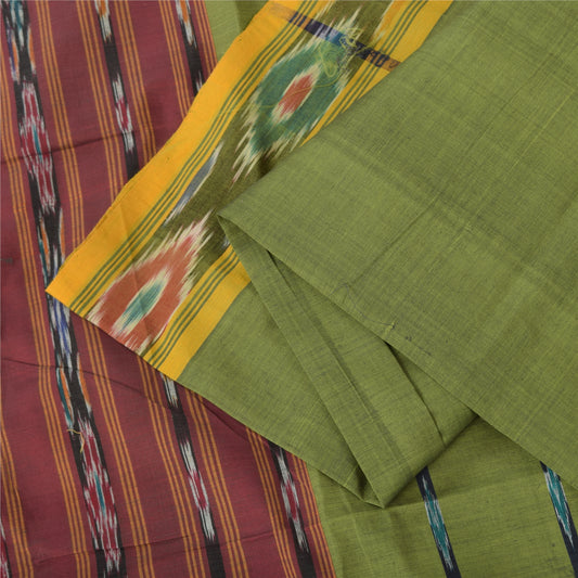 Sanskriti Vintage Sarees Green Pure Cotton Ikat Hand Woven Sari 5+yd Fabric