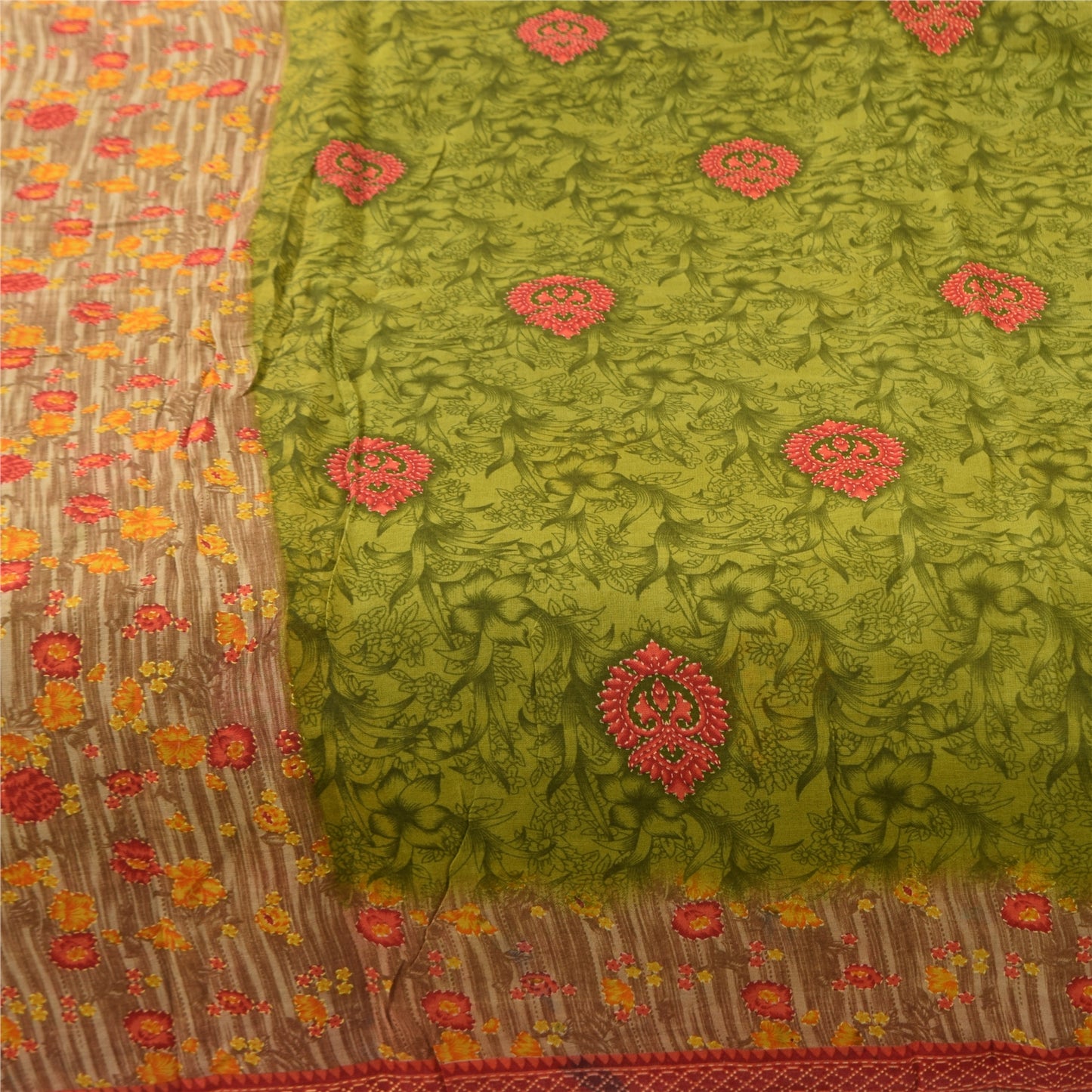 Sanskriti Vintage Sarees Green 100% Pure Cotton Printed Sari 5+yd Craft Fabric