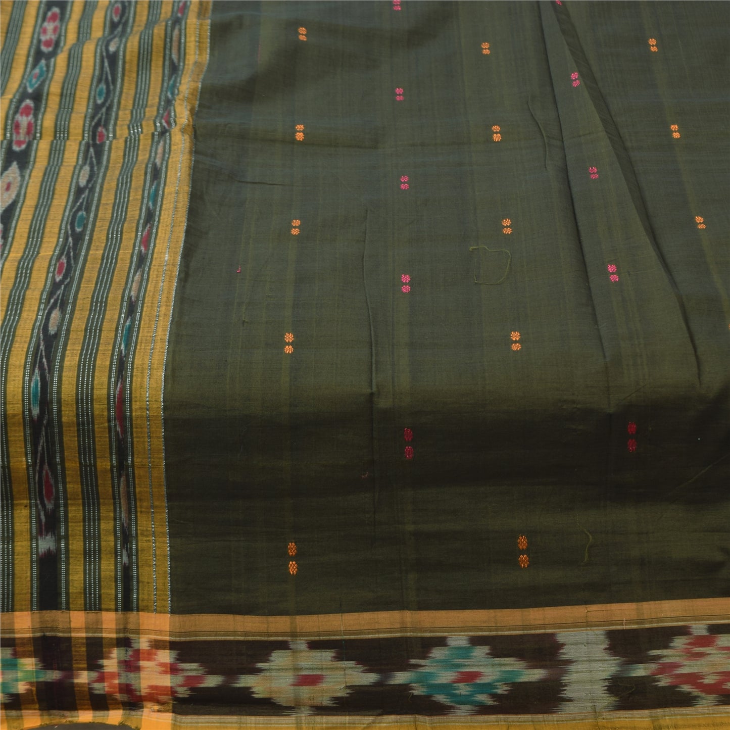 Sanskriti Vintage Sarees Green Ikat HandWoven Pure Cotton Sari 5+yd Craft Fabric