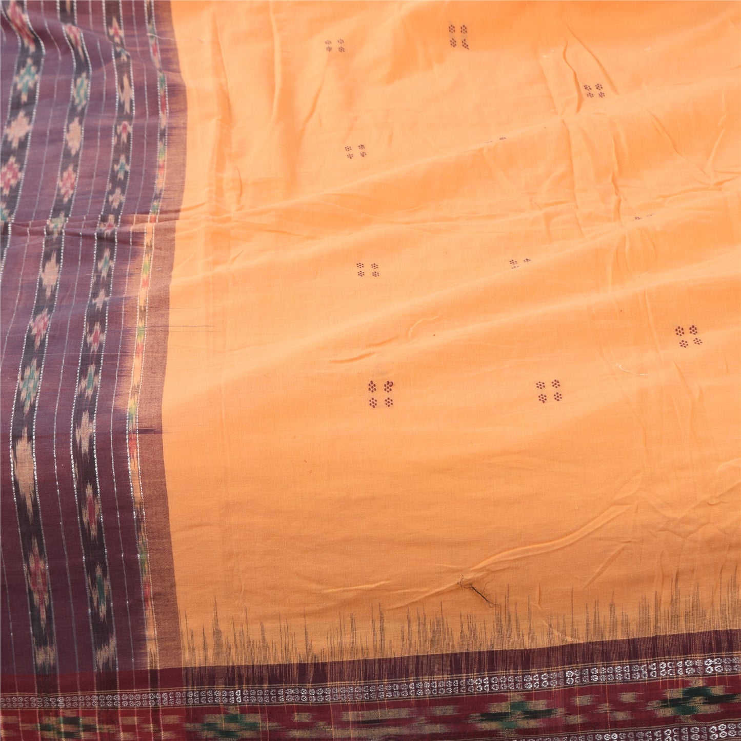 Sanskriti Vintage Sarees Peach Ikat HandWoven Pure Cotton Sari 5+yd Craft Fabric