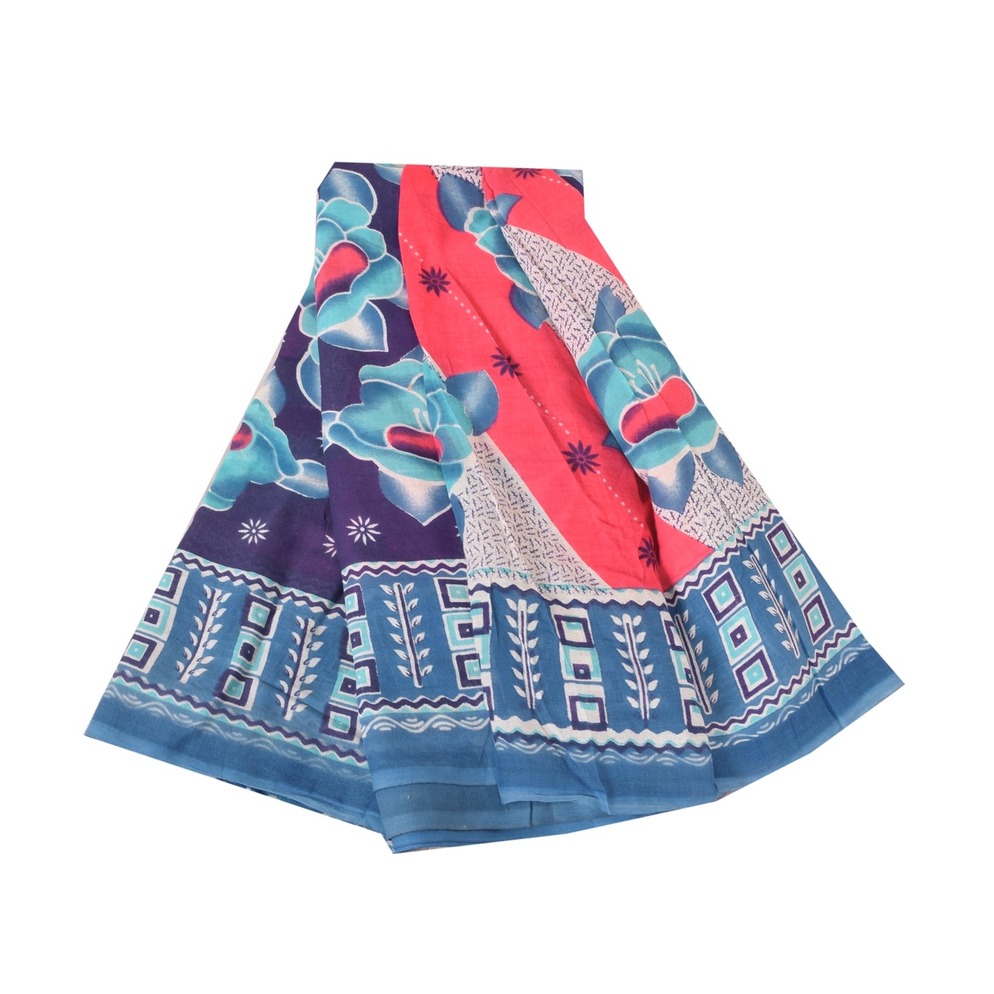 Sanskriti Vintage Sarees Blue/Red 100% Pure Cotton Printed Sari 5yd Craft Fabric