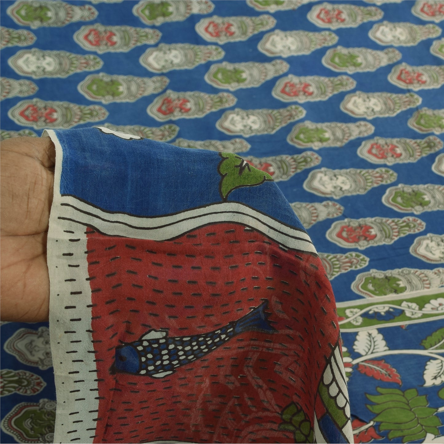 Sanskriti Vintage Sarees Blue Hand Block Kathakali Pure Cotton Sari 5+yd Fabric