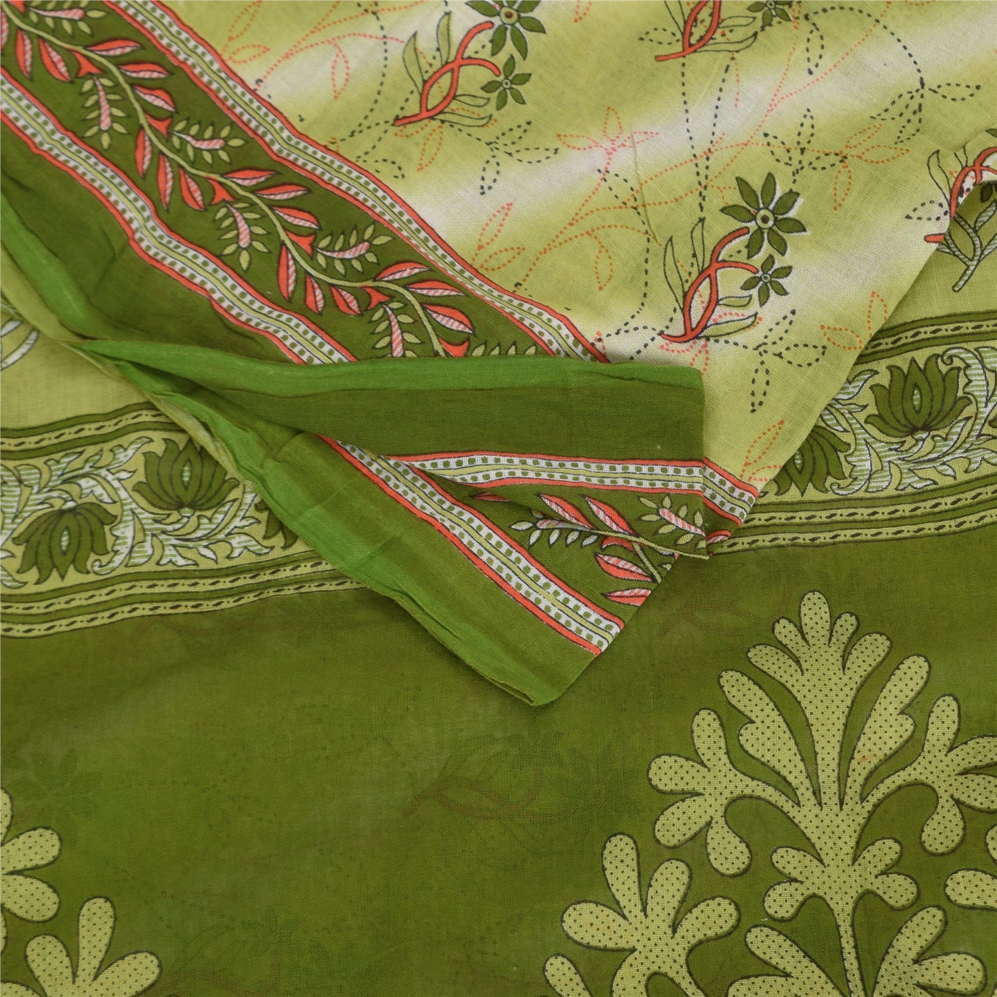 Sanskriti Vintage Sarees Indian Green Pure Cotton Printed Sari 5+yd Craft Fabric