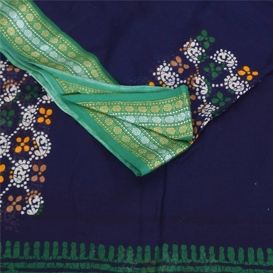 Sanskriti Vintage Sarees Blue Batik Printed Pure Cotton Sari 5+yd Craft Fabric