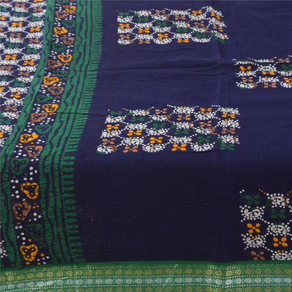 Sanskriti Vintage Sarees Blue Batik Printed Pure Cotton Sari 5+yd Craft Fabric