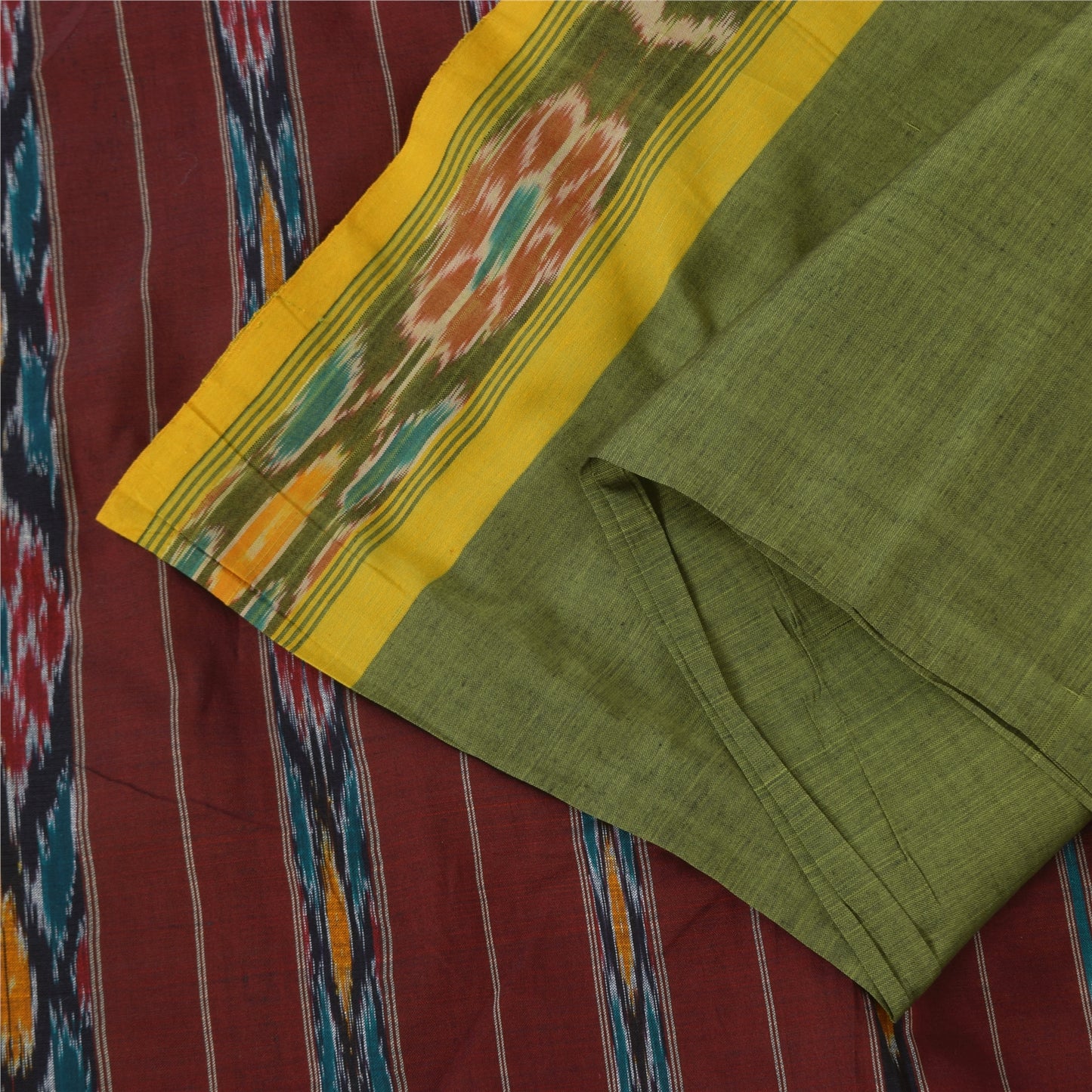 Sanskriti Vintage Sarees Green Ikat HandWoven Odisha PureCotton Sari 5+yd Fabric