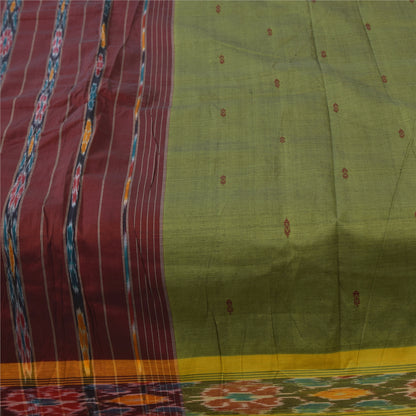 Sanskriti Vintage Sarees Green Ikat HandWoven Odisha PureCotton Sari 5+yd Fabric