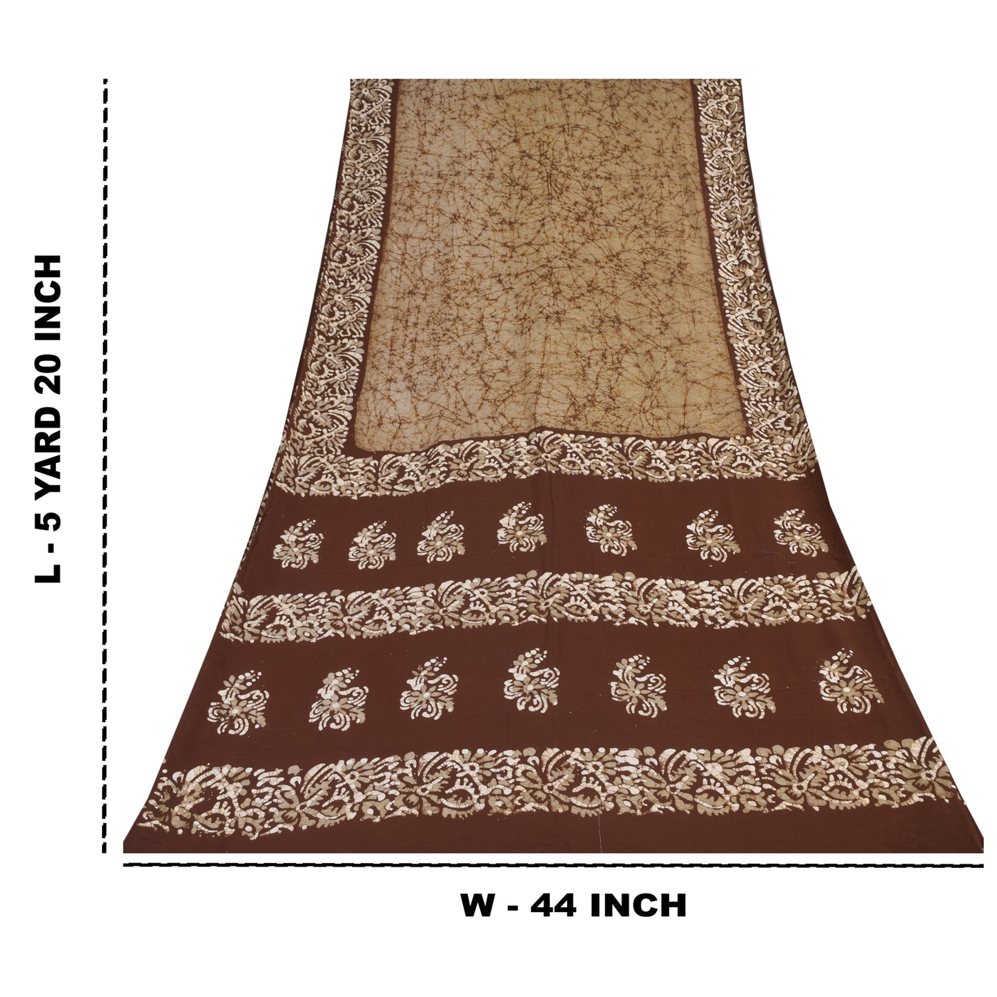 Sanskriti Vintage Sarees Cream/Brown Pure Cotton Batik Work Sari 5+yd Fabric