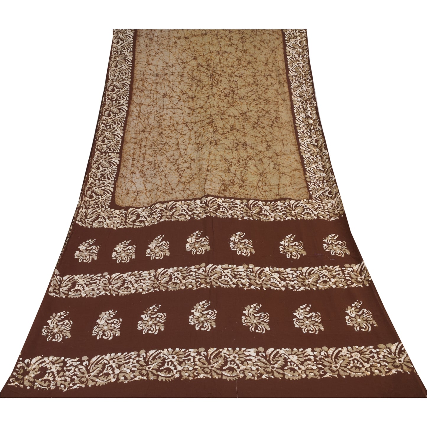 Sanskriti Vintage Sarees Cream/Brown Pure Cotton Batik Work Sari 5+yd Fabric