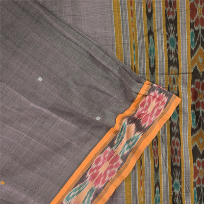 Sanskriti Vintage Sarees Gray Ikat HandWoven Odisha Pure Cotton Sari 5+yd Fabric