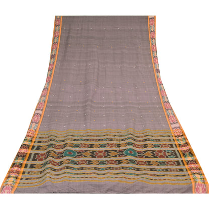 Sanskriti Vintage Sarees Gray Ikat HandWoven Odisha Pure Cotton Sari 5+yd Fabric