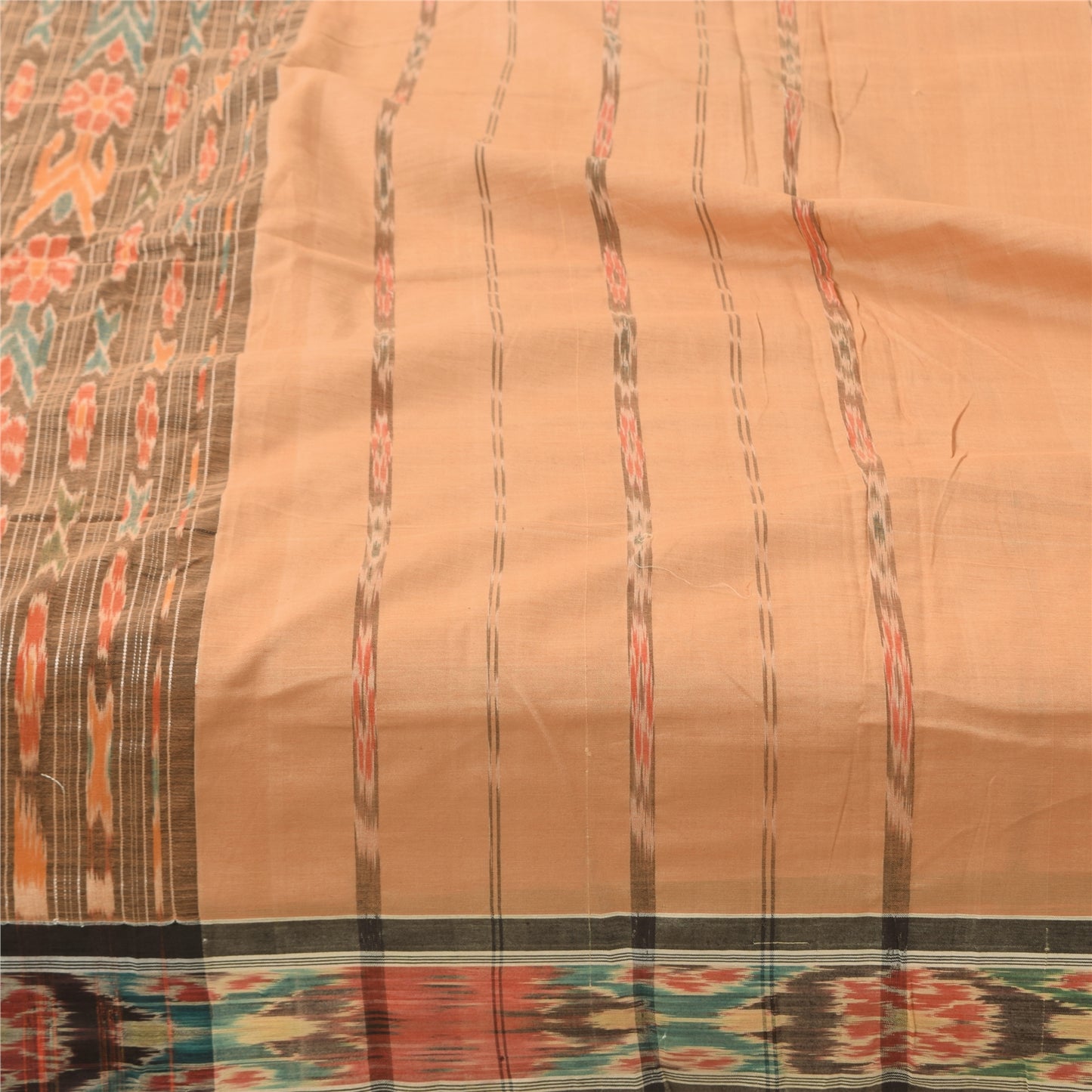 Sanskriti Vintage Sarees PeachIkat HandWoven Odisha Pure Cotton Sari 5+yd Fabric