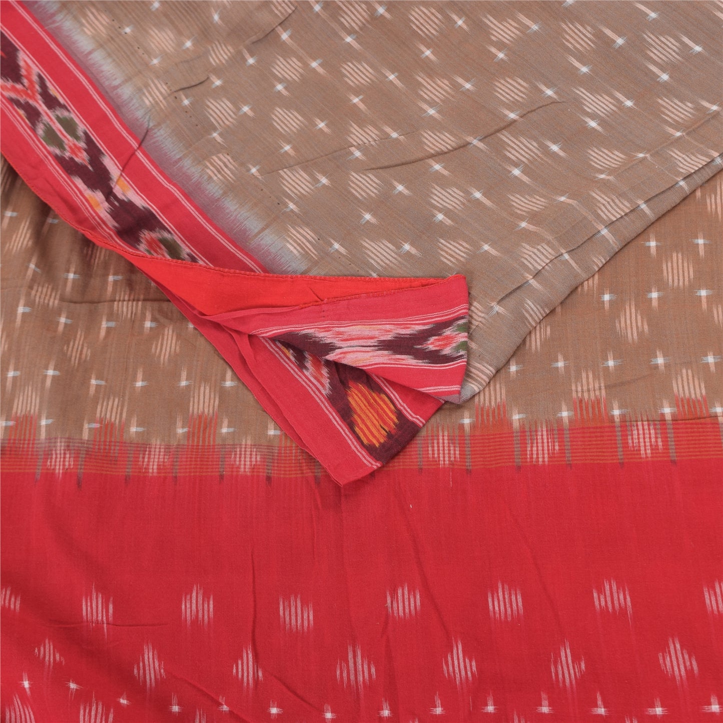 Sanskriti Vintage Sarees Brown/Red Ikat Handwoven Pure Cotton Sari 5+yd Fabric