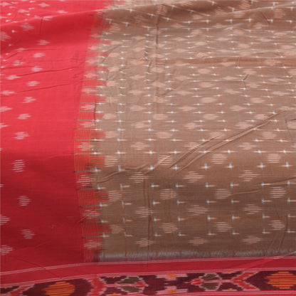 Sanskriti Vintage Sarees Brown/Red Ikat Handwoven Pure Cotton Sari 5+yd Fabric