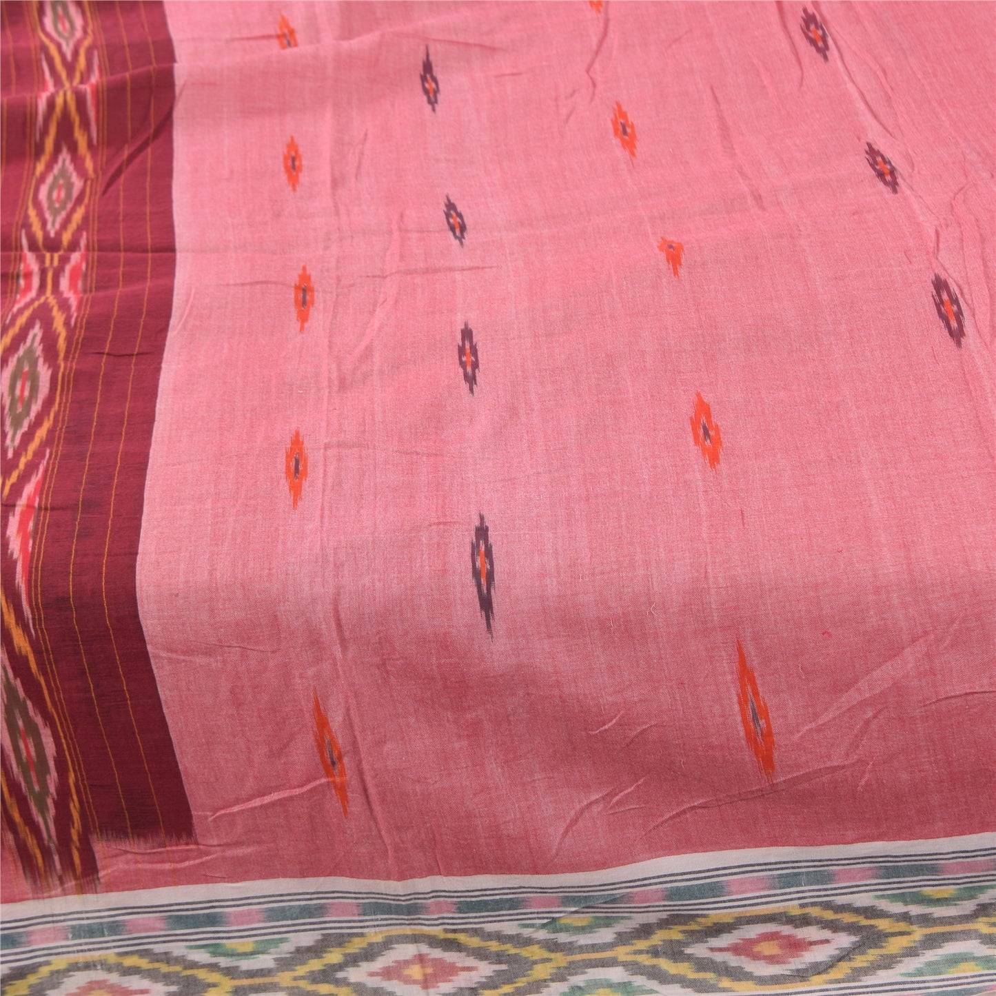 Sanskriti Vintage Sarees Pochampally Ikat Handwoven Pure Cotton Sari 5+yd Fabric