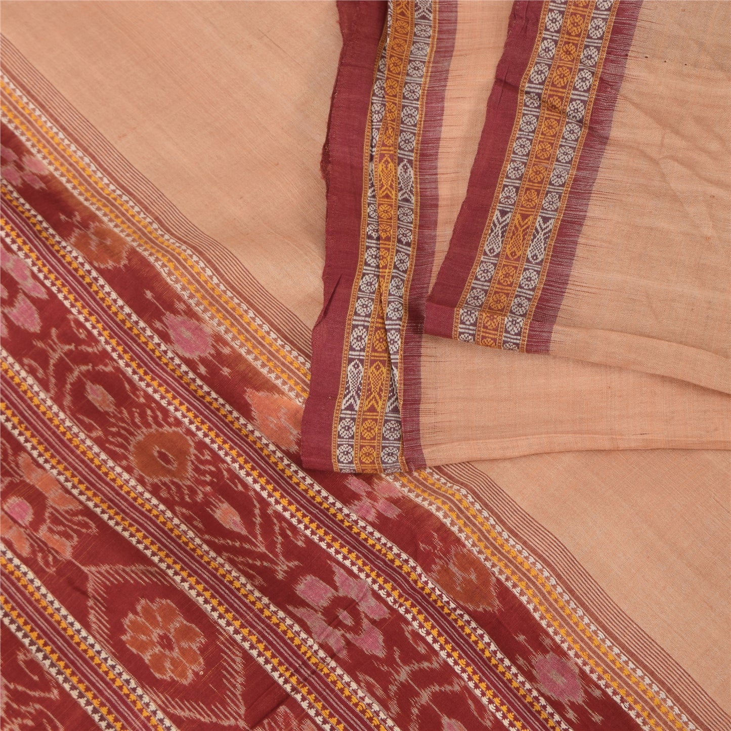 Sanskriti Vintage Sarees PeachIkat Handwoven Odisha Pure Cotton Sari 5+yd Fabric