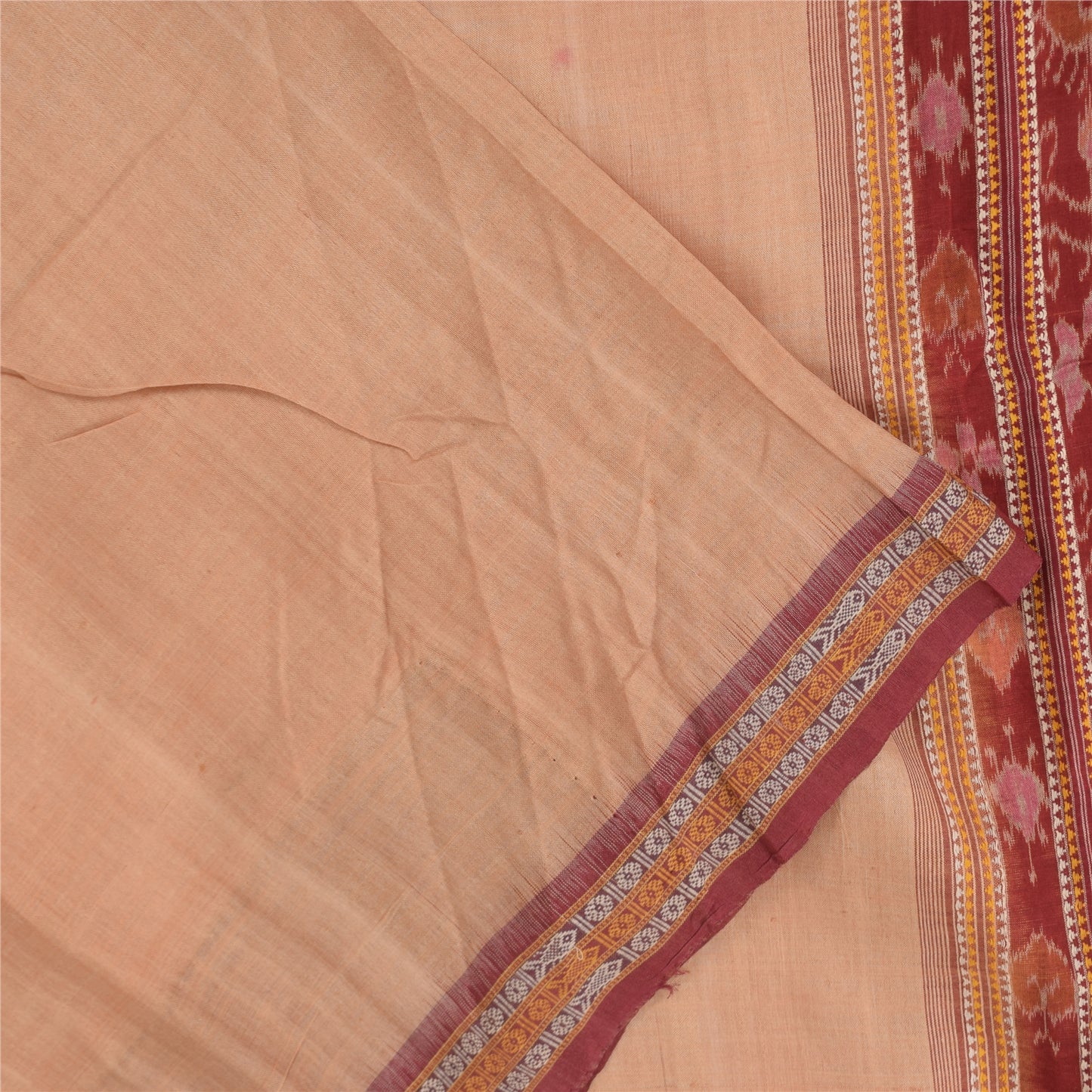 Sanskriti Vintage Sarees PeachIkat Handwoven Odisha Pure Cotton Sari 5+yd Fabric