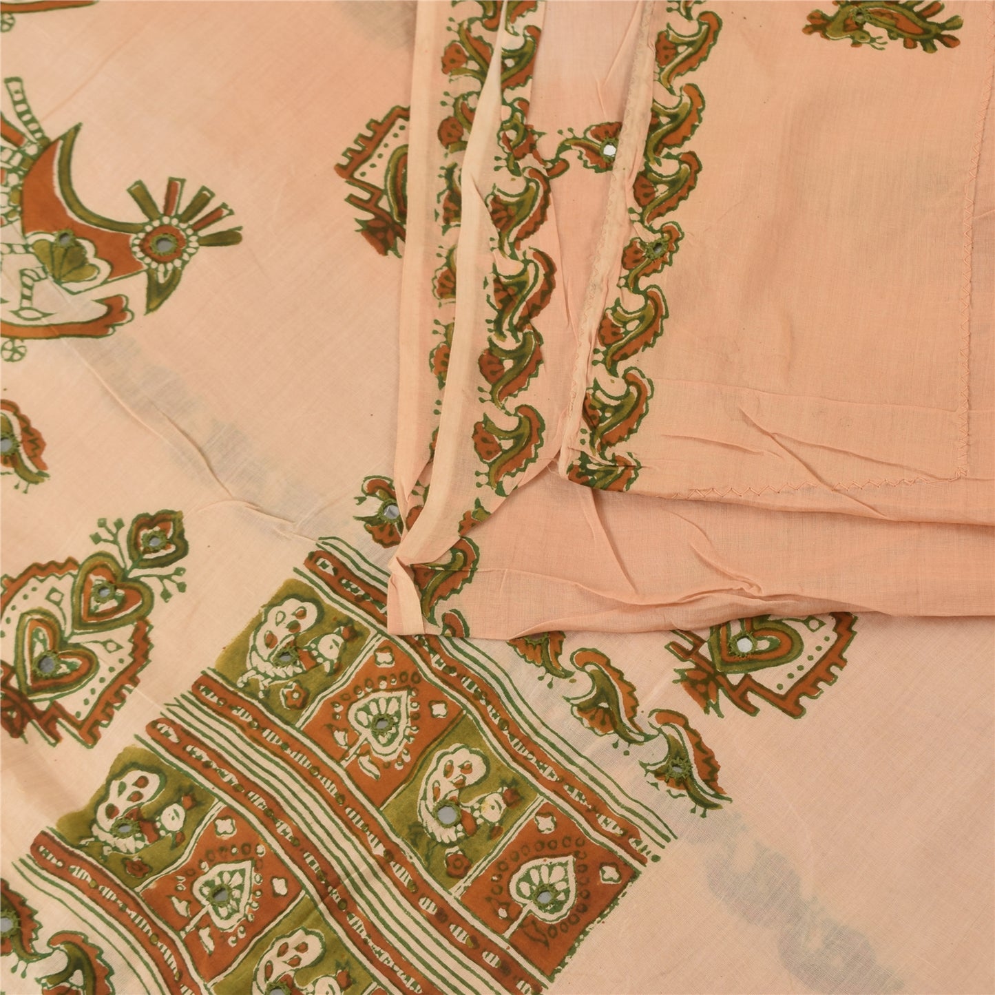 Sanskriti Vintage Sarees Peach Pure Cotton Peacock Print Sari 5+yd Craft Fabric