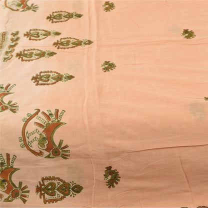 Sanskriti Vintage Sarees Peach Pure Cotton Peacock Print Sari 5+yd Craft Fabric