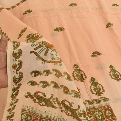 Sanskriti Vintage Sarees Peach Pure Cotton Peacock Print Sari 5+yd Craft Fabric