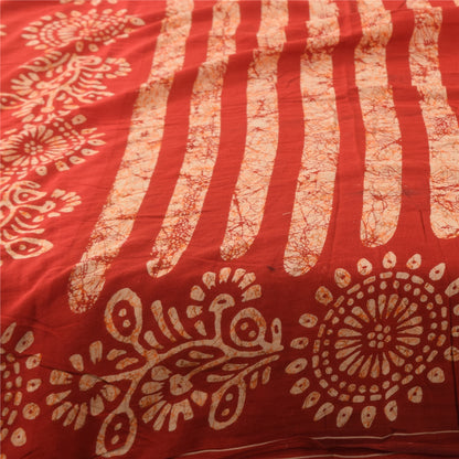 Sanskriti Vintage Sarees Red Batik Work 100% Pure Cotton Sari 5+yd Craft Fabric