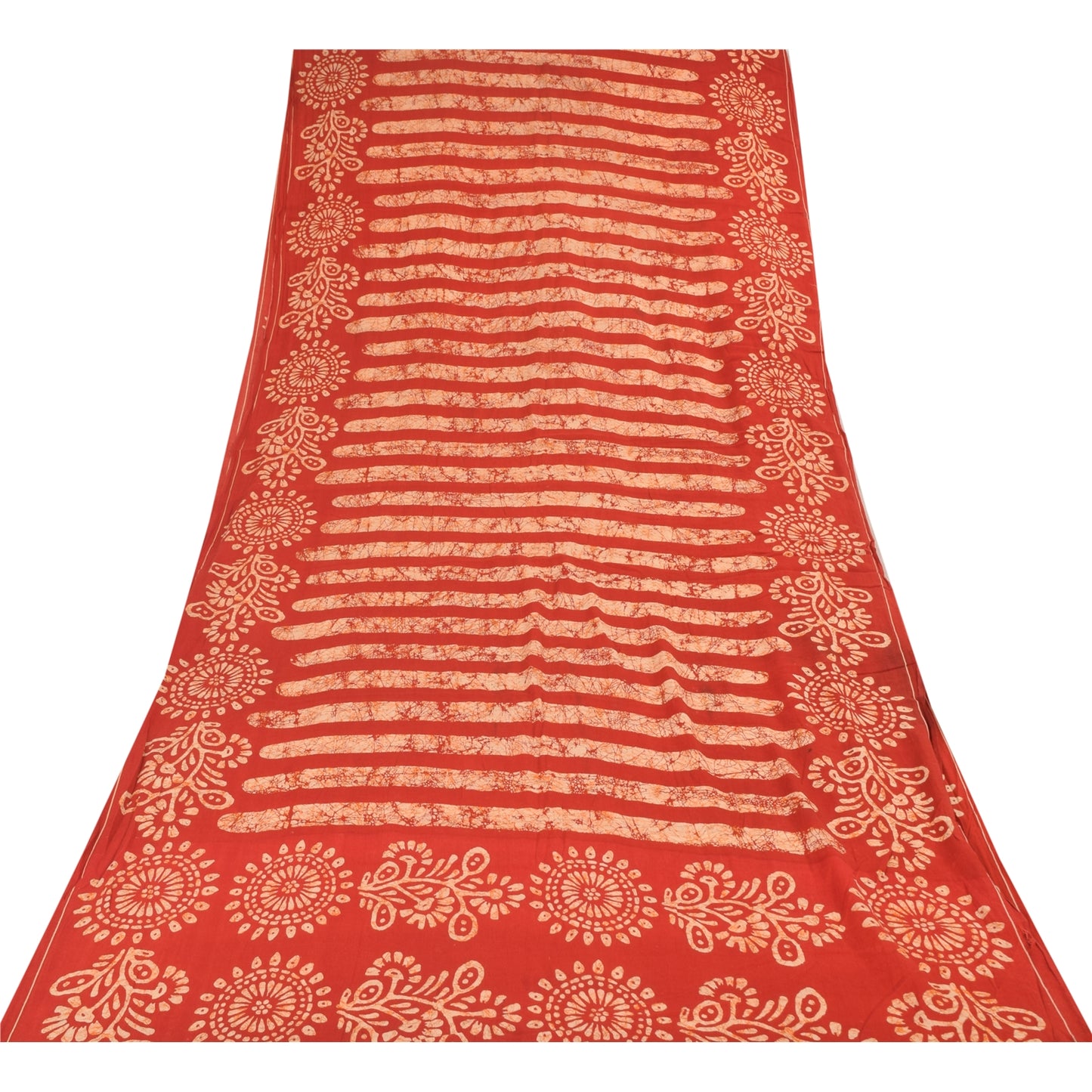 Sanskriti Vintage Sarees Red Batik Work 100% Pure Cotton Sari 5+yd Craft Fabric