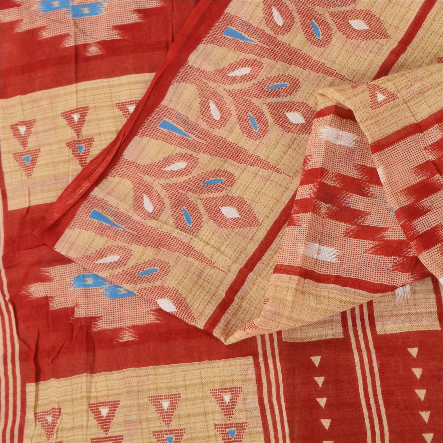 Sanskriti Vintage Sarees Peach/Red Pure Cotton Ikat Printed Sari 5+yd Fabric