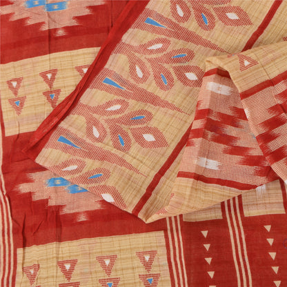 Sanskriti Vintage Sarees Peach/Red Pure Cotton Ikat Printed Sari 5+yd Fabric