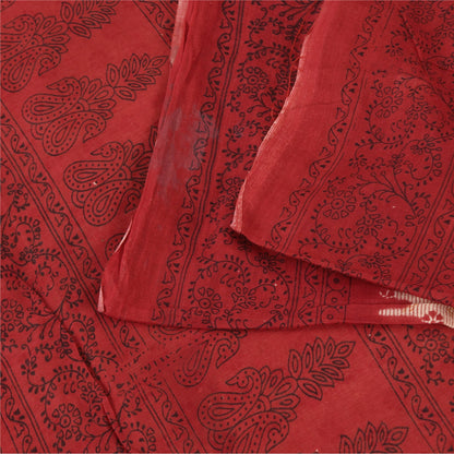 Sanskriti Vintage Sarees Peach/Red Pure Cotton Printed Sari 5+yd Craft Fabric