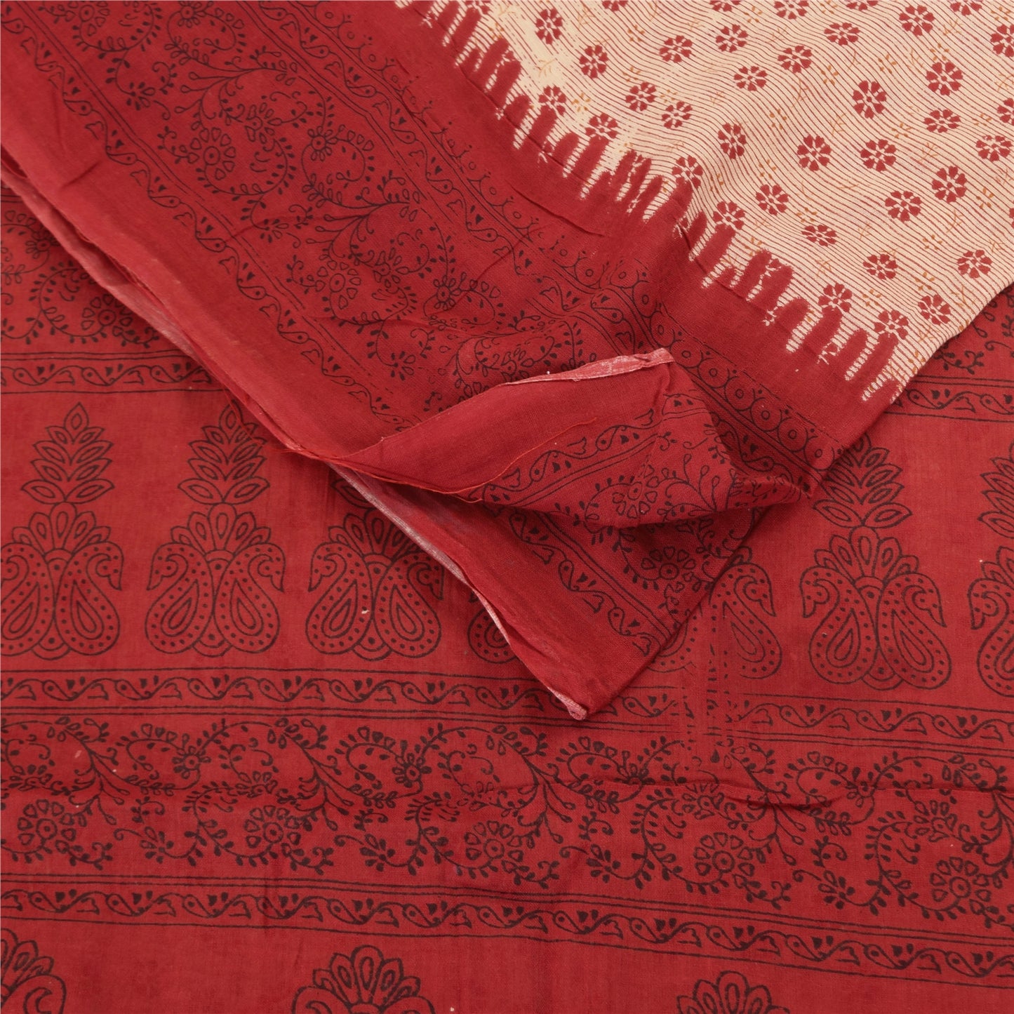 Sanskriti Vintage Sarees Peach/Red Pure Cotton Printed Sari 5+yd Craft Fabric