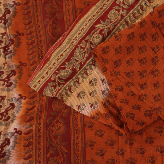 Sanskriti Vintage Sarees Rusty Orange Pure Cotton Printed Sari 5+yd Craft Fabric