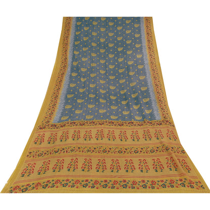 Sanskriti Vintage Sarees Blue/Mustard Pure Cotton Printed Sari 5+yd Craft Fabric