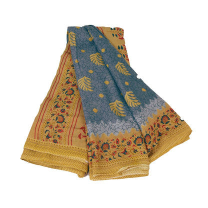 Sanskriti Vintage Sarees Blue/Mustard Pure Cotton Printed Sari 5+yd Craft Fabric