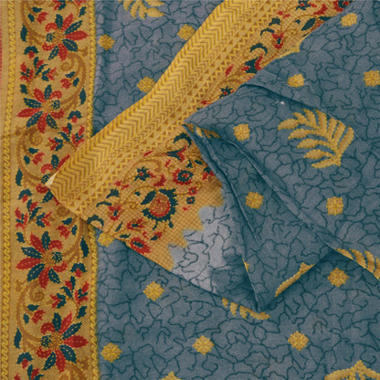 Sanskriti Vintage Sarees Blue/Mustard Pure Cotton Printed Sari 5+yd Craft Fabric