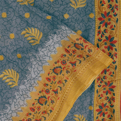 Sanskriti Vintage Sarees Blue/Mustard Pure Cotton Printed Sari 5+yd Craft Fabric