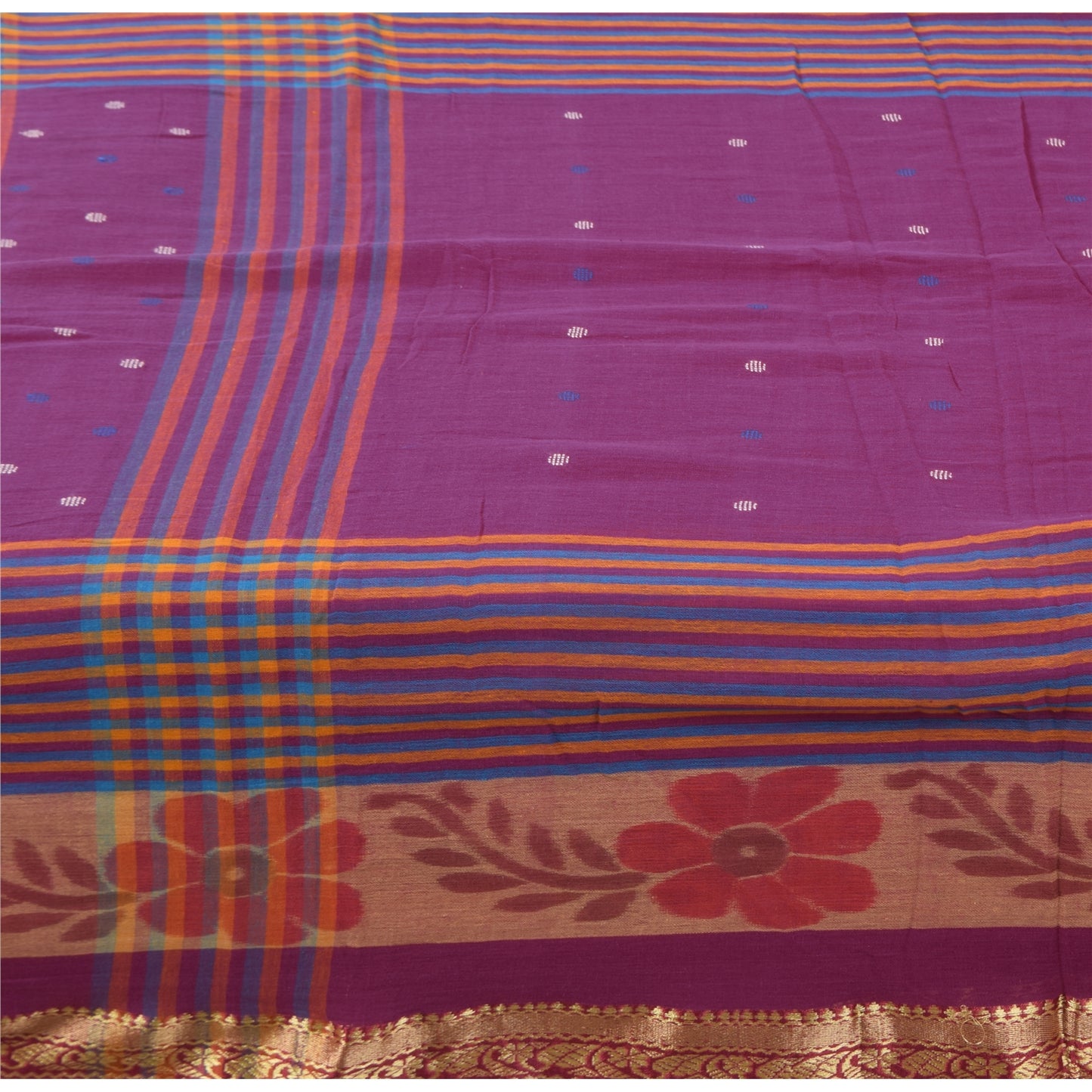 Sanskriti Vintage Sarees Purple Ikat Hand Woven Pure Cotton Sari 5+yd Fabric