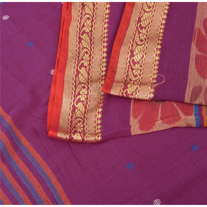 Sanskriti Vintage Sarees Purple Ikat Hand Woven Pure Cotton Sari 5+yd Fabric