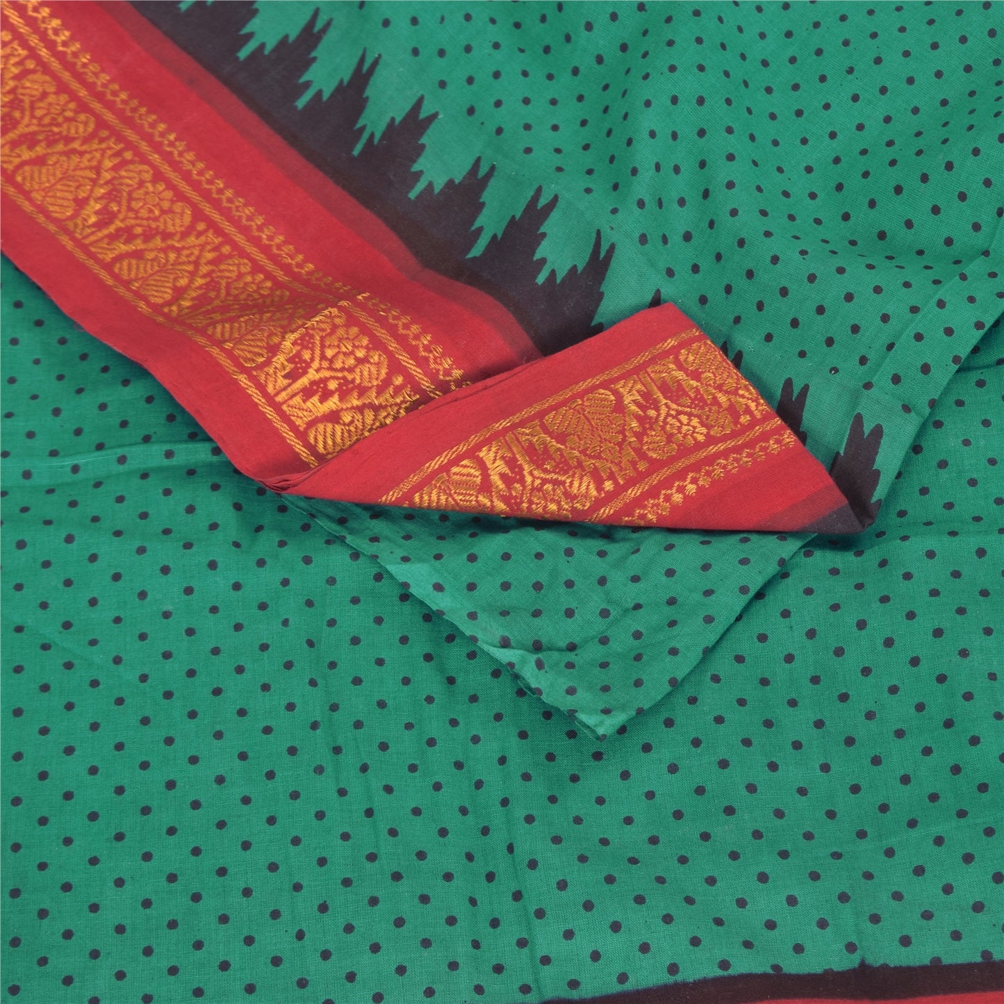 Sanskriti Vintage Sarees Green/Red ZarI Woven Print Pure Cotton Sari 5yd Fabric