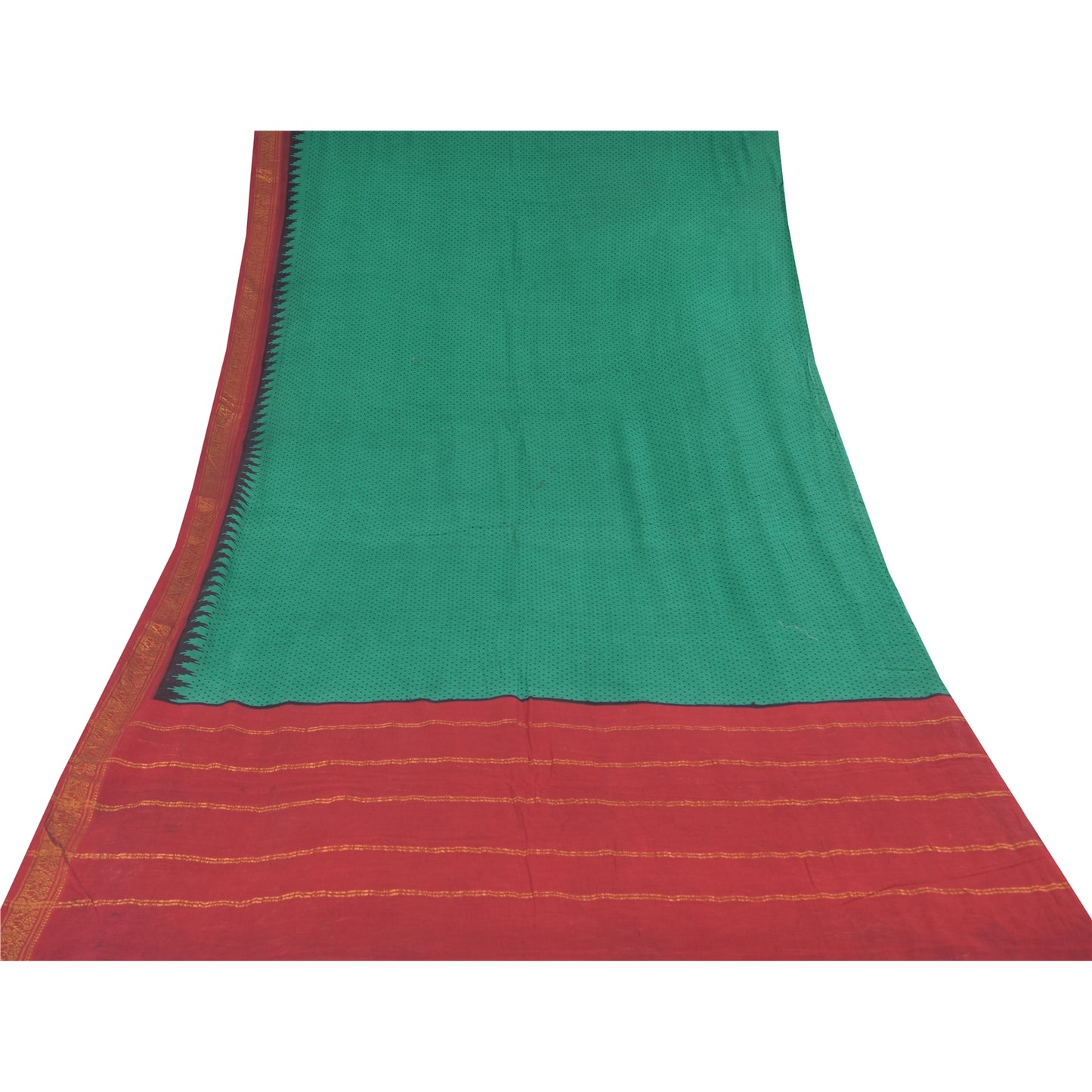 Sanskriti Vintage Sarees Green/Red ZarI Woven Print Pure Cotton Sari 5yd Fabric