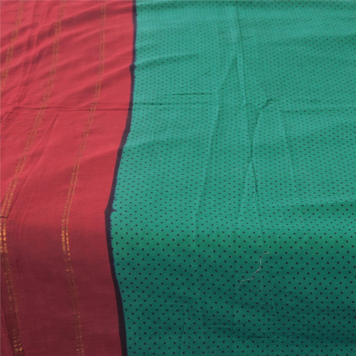 Sanskriti Vintage Sarees Green/Red ZarI Woven Print Pure Cotton Sari 5yd Fabric